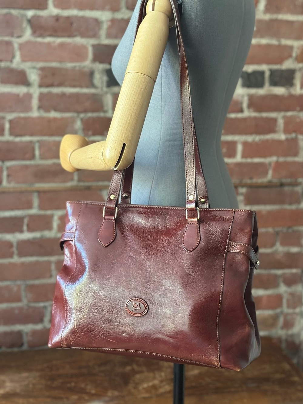 Genuine Leather Burgundy Brown Classic Shoulder Tote Bag Double Zip Compartments